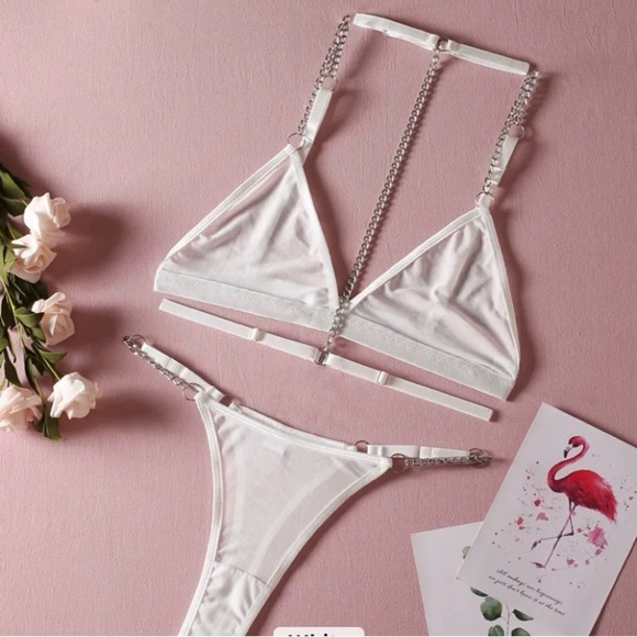 White Transparent Mesh Sheer Lingerie Set with Choker Chain Detail - Picture 3 of 5